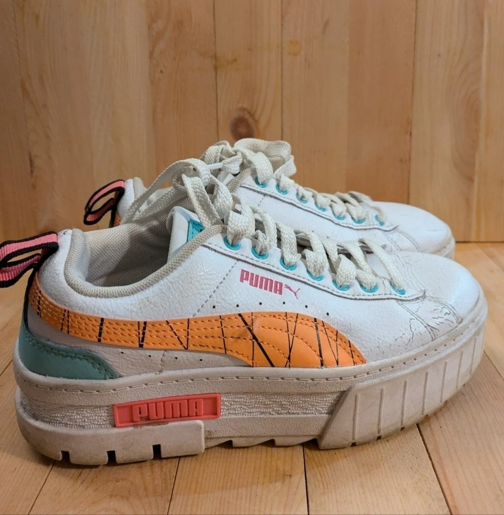 Puma White and Orange Platform Sneakers Size 4